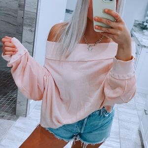 free people close to you blush pink waffle knit off shoulder sweater top